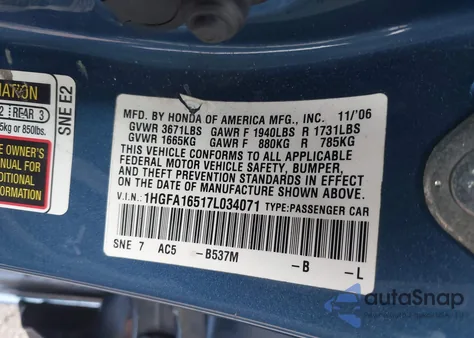 2007 Honda Civic Lx from USA, damaged, VIN 1HGFA16517L034071